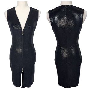 Vintage Cache Black Wet Look Snake Print Bodycon Dress XS Full Zip Mob Wife